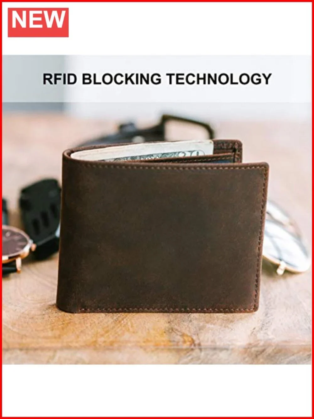Top Grain Leather Bifold Wallet RFID Blocking 8 Card Slots